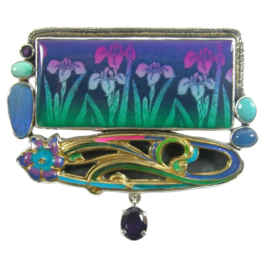 Hand Painted Enameled Tile, Turquoise, Amethyst, Blue Lapis, Sterling Silver Pin/Pendant