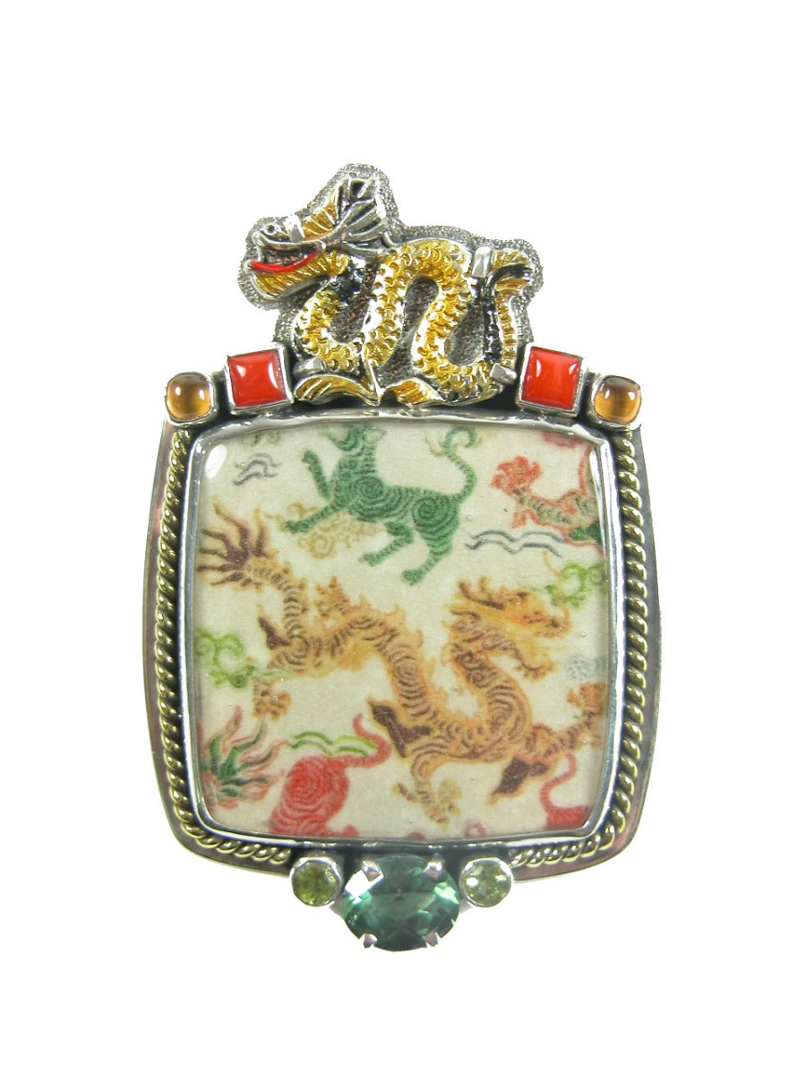 Dragon Tile Hessonite Coral Peridot Pin/Pendant