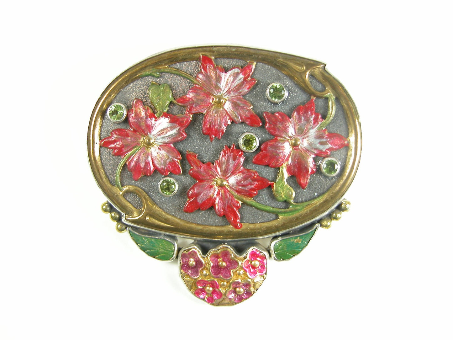 Pink Enameled Flowers Leaves Peridot Sterling Silver Pin/Pendant