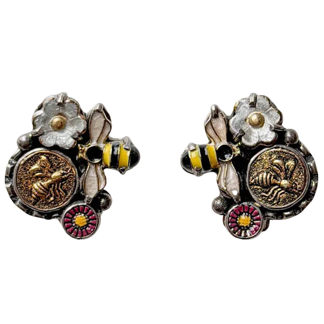 30912 Hand-Enameled Bee, Floral Earrings