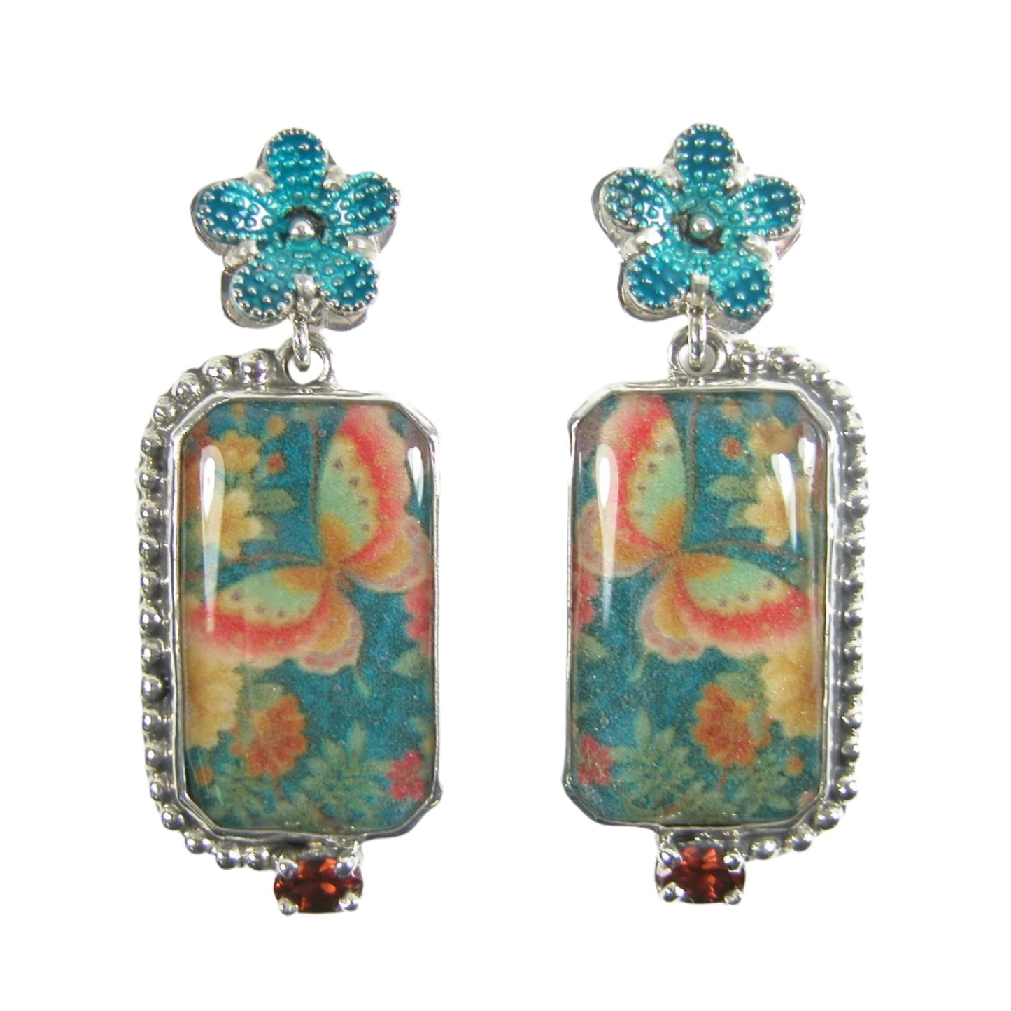 Teal Hand Enameled Flowers with Butterfly Handmade Tile Dangle Sterling Silver Earrings