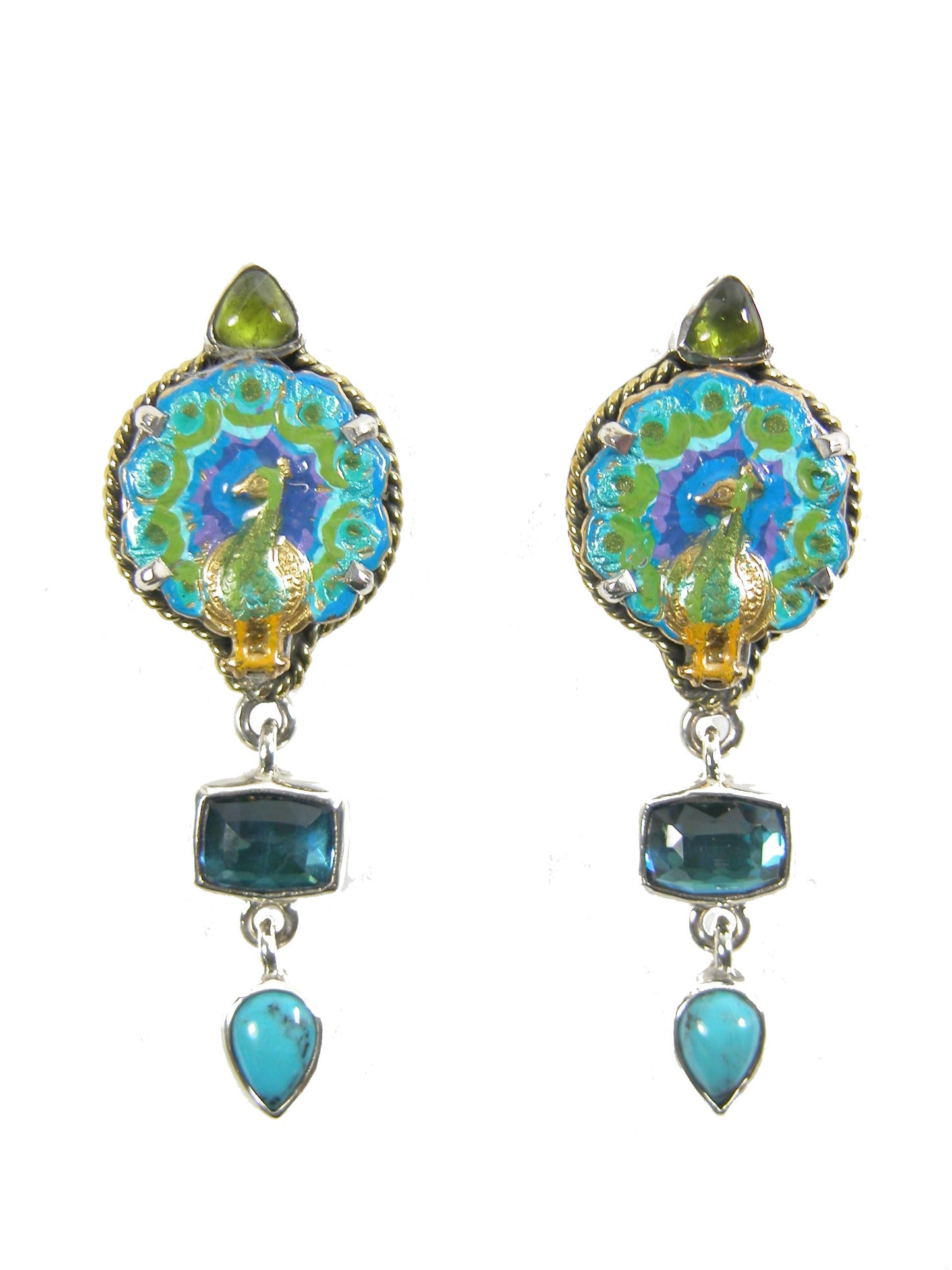 Vesuvianite, Turquoise, Topaz and Hand Enameled Peacock Sterling Silver Earrings