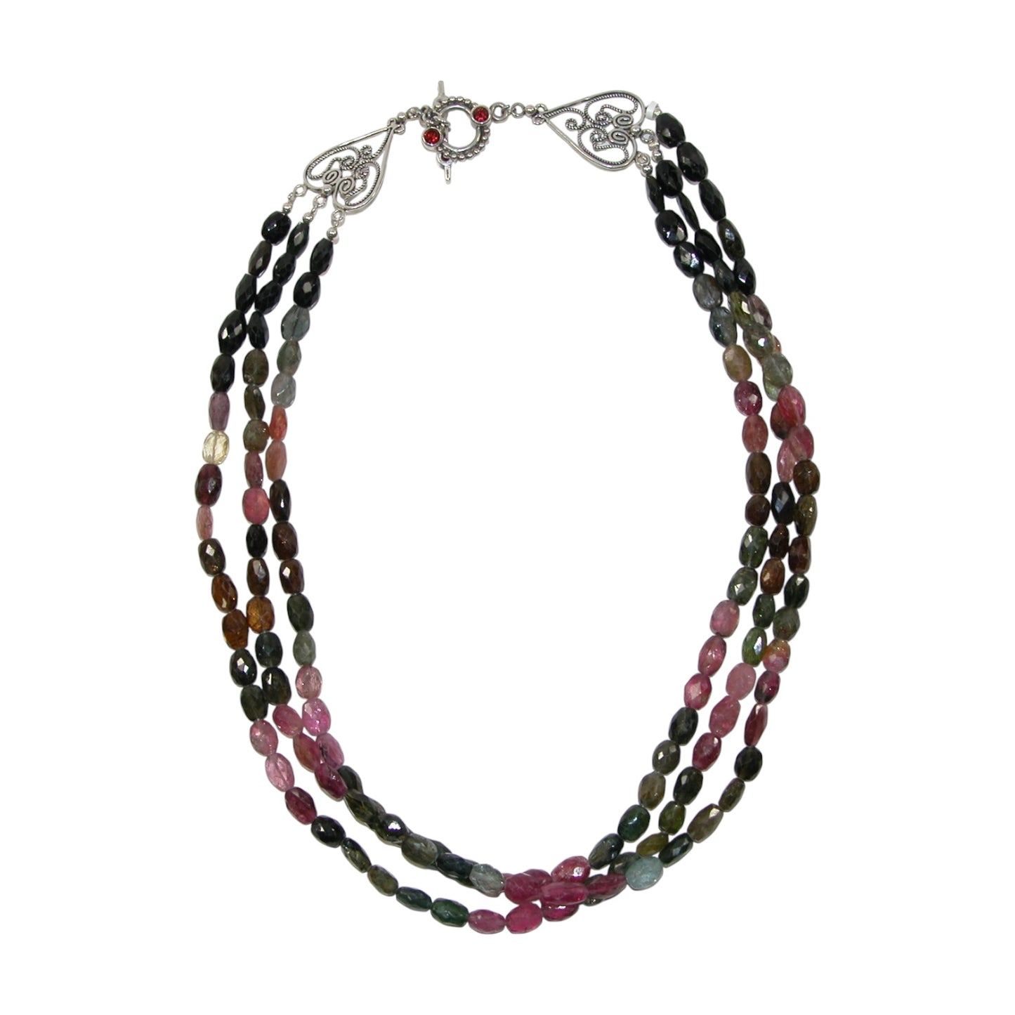30695 Tourmaline Three Strand Sterling Silver Beaded Necklace