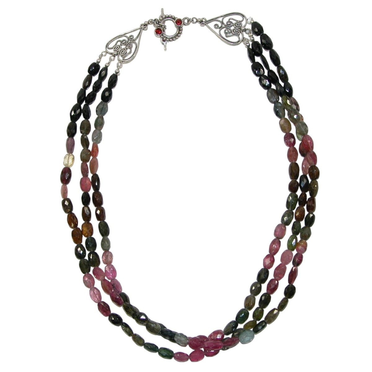 30695 Tourmaline Three Strand Sterling Silver Beaded Necklace