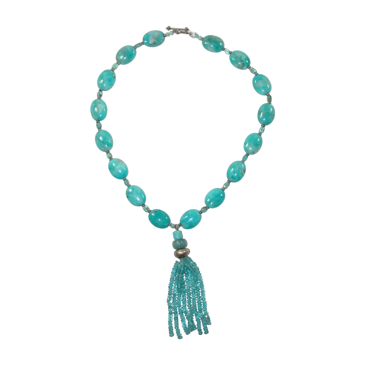 30696 Amazonite, Apatite Tassel Sterling Silver Beaded Necklace