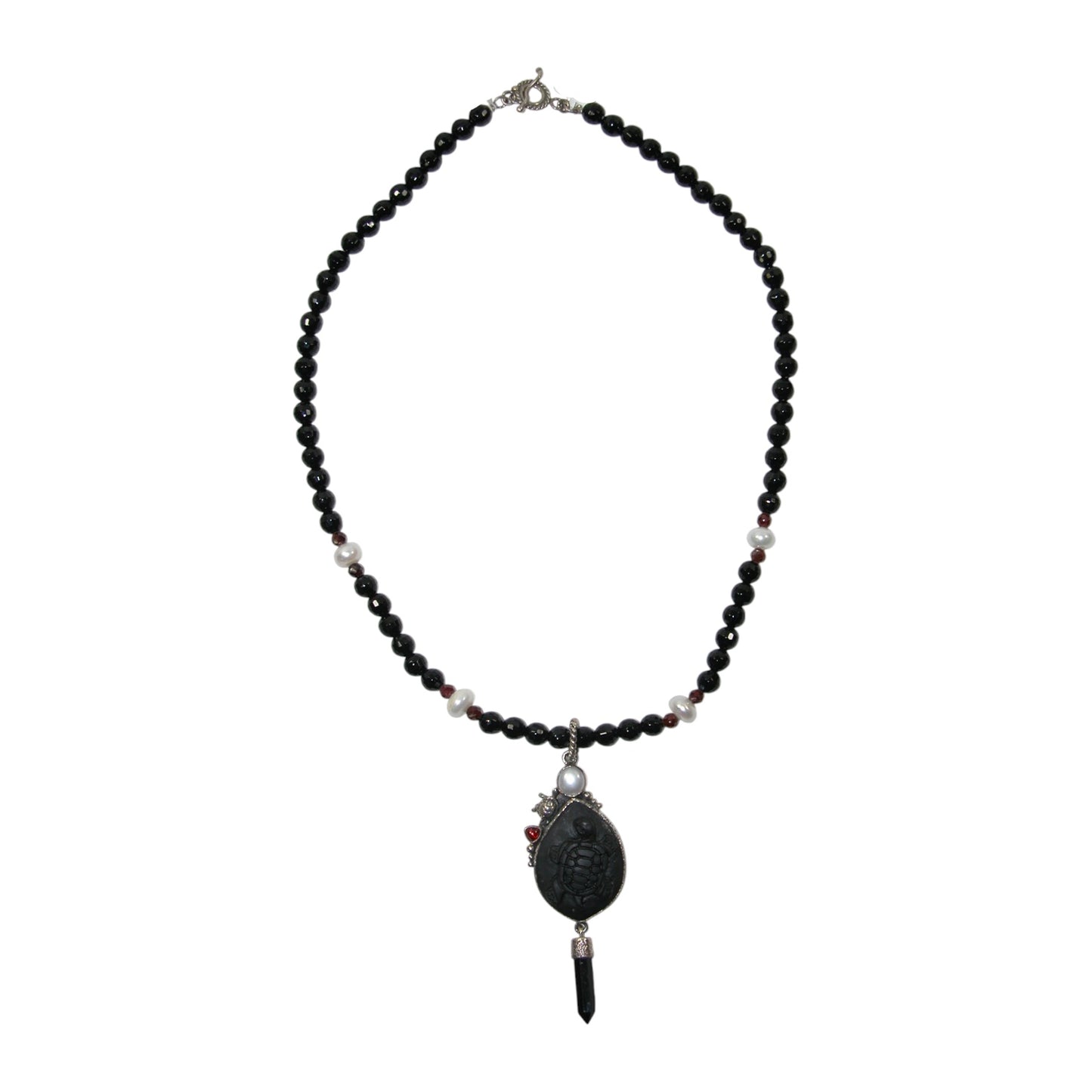 Obsidian, Freshwater Pearl, Quartz, Garnet Sterling Silver Beaded Necklace