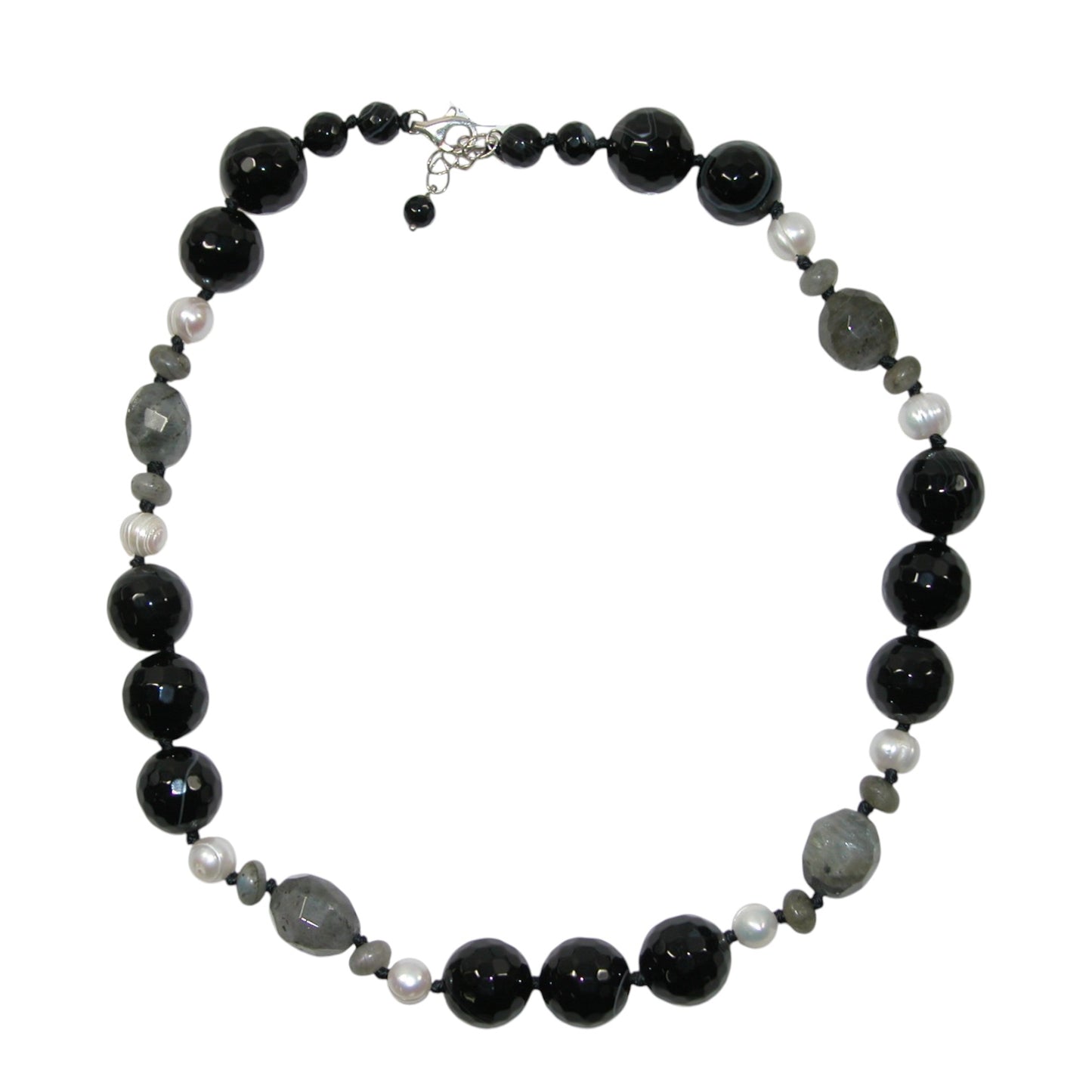 5250B Black Onyx, Agate Sterling Silver Beaded Necklace