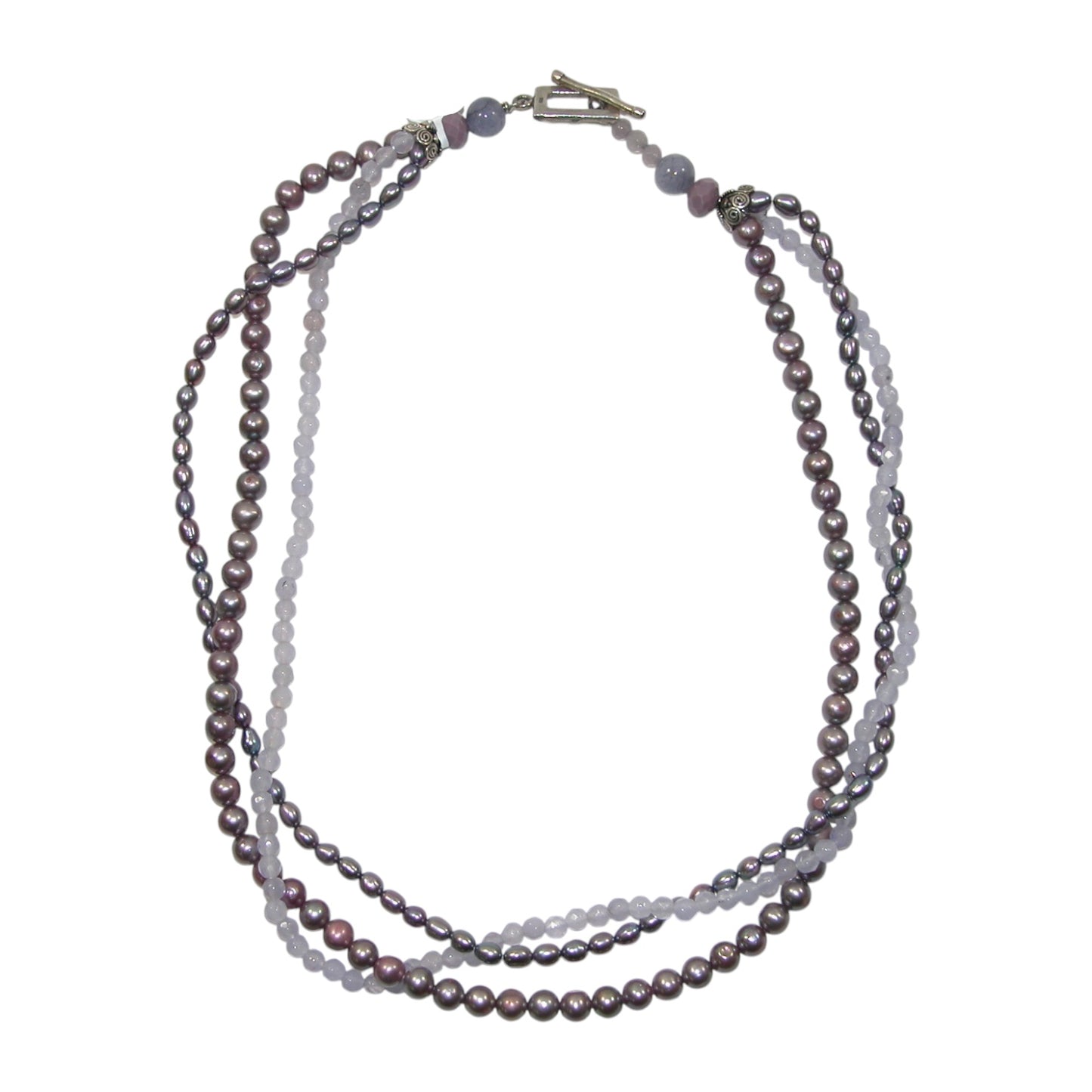 Purple Freshwater Pearl Three Strand Sterling Silver Beaded Necklace