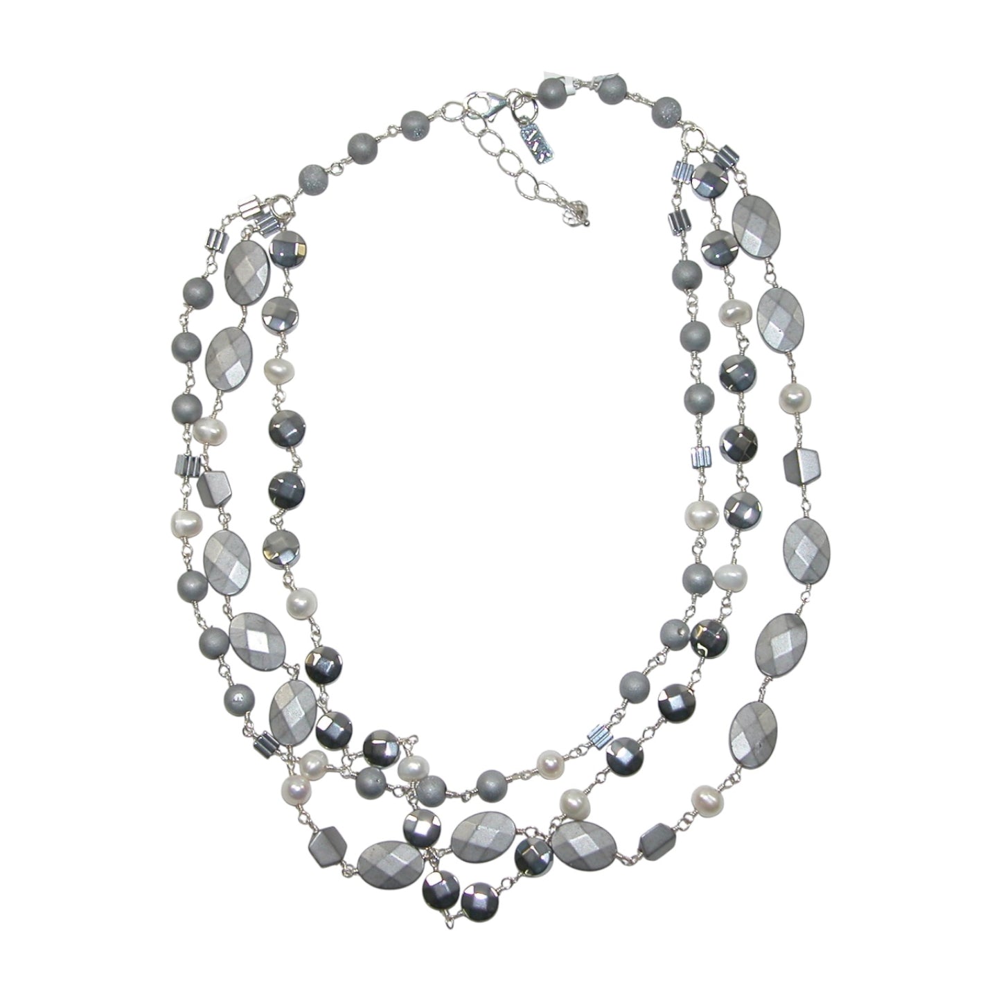 N5471 Freshwater Pearl, Titanium Clad Drusy Agate, Hematite Sterling Silver Beaded Necklace