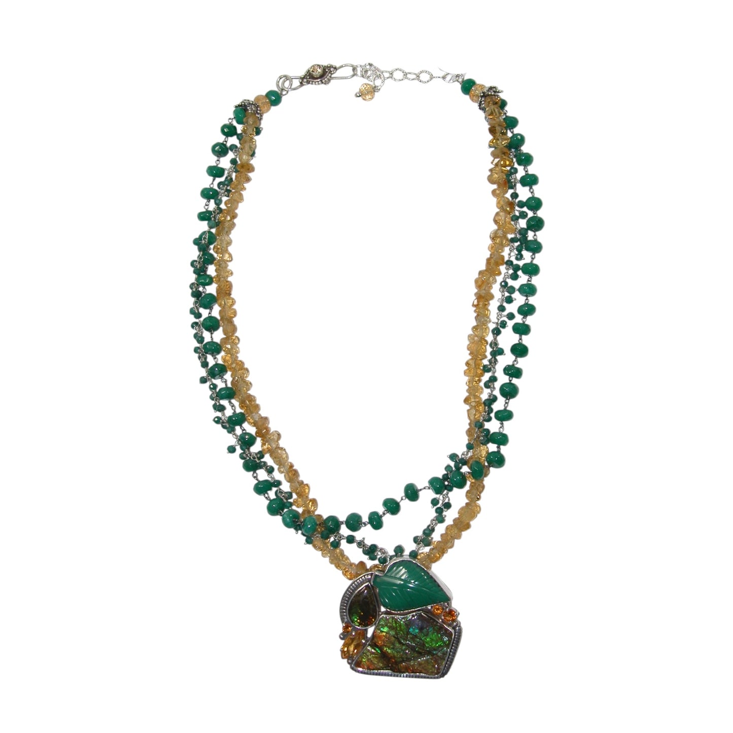 18855 Topaz, Malachite, Opal LeafSterling Silver Beaded Necklace