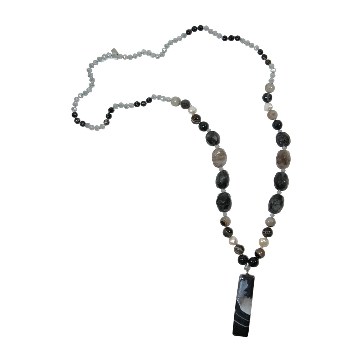 5207 Black Agate, Crystal Sterling Silver Beaded Necklace