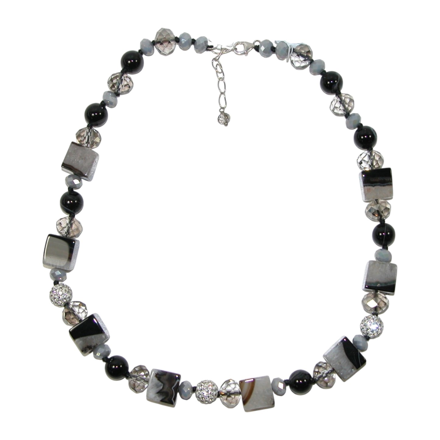 5372 Agate, Crystal Black Onyx Sterling Silver Beaded Necklace