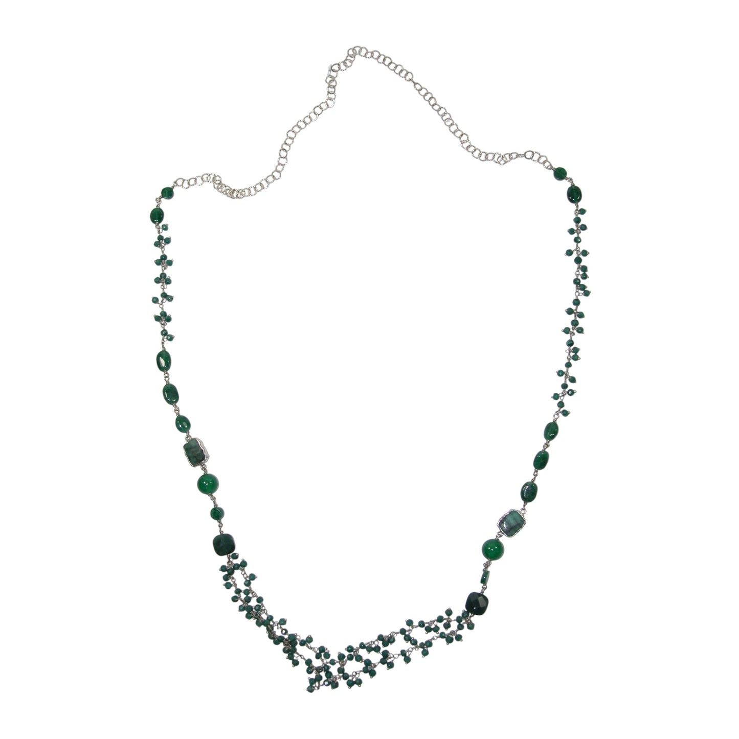 20109 Malachite, Crystal, Glass Sterling Silver Beaded Necklace