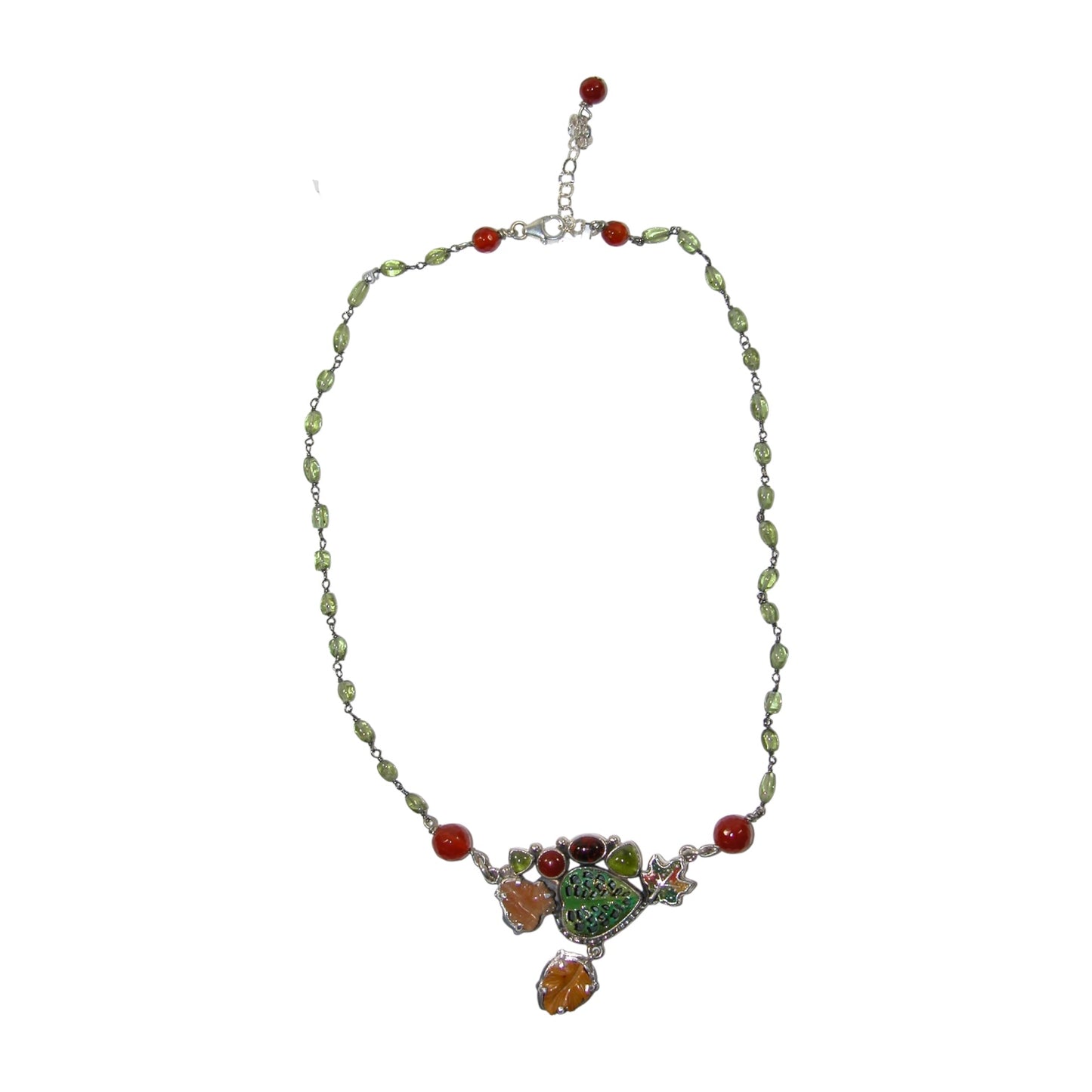 30970 Carved Carnelian and Jasper with Enamel Leaves Sterling Silver Necklace