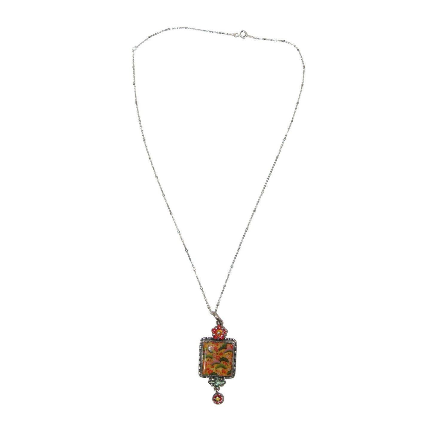 30953 Hand Enamel Tile Floral Sterling Silver Necklace
