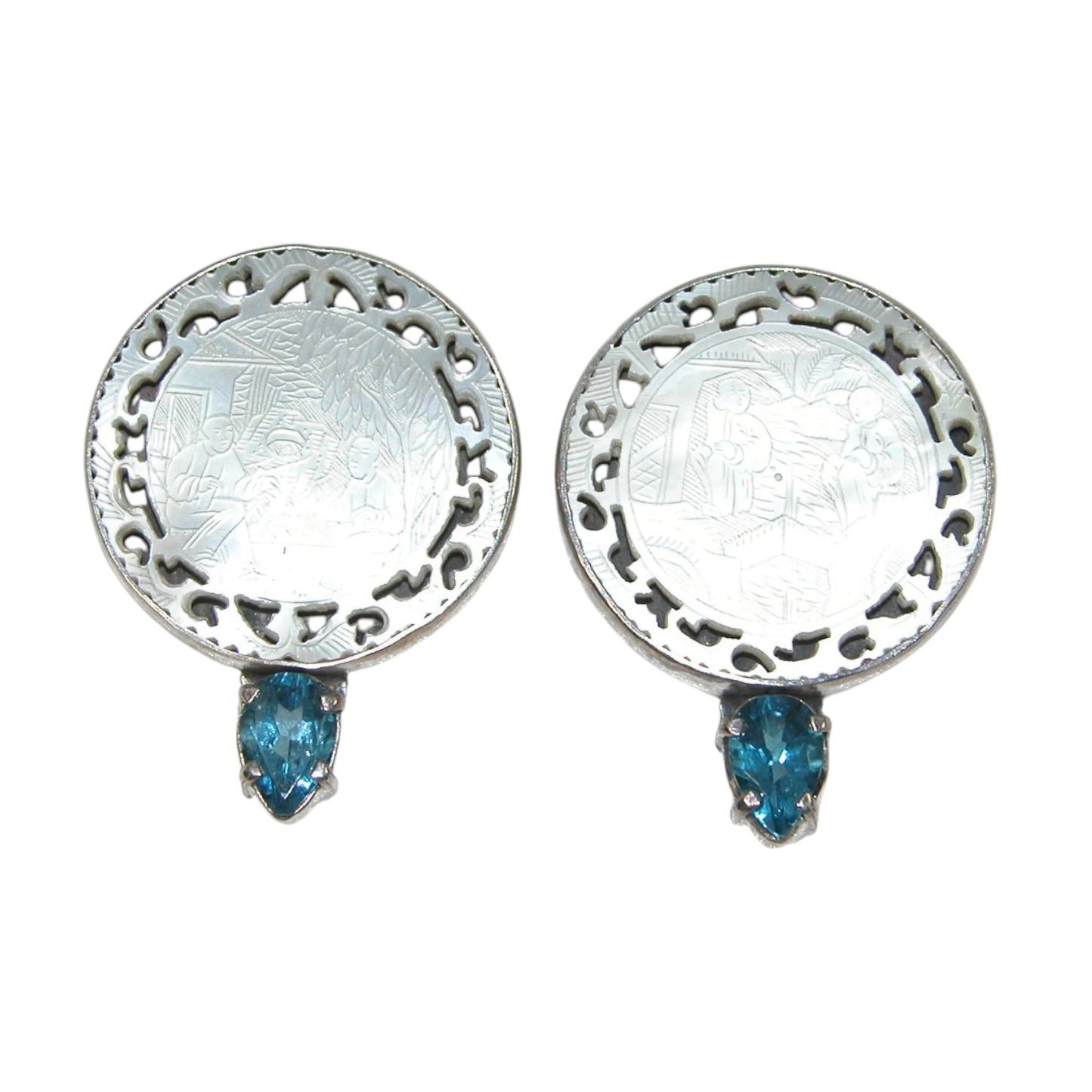 30986 Mother of Pearl Game Piece, Blue Topaz Sterling Silver Earrings
