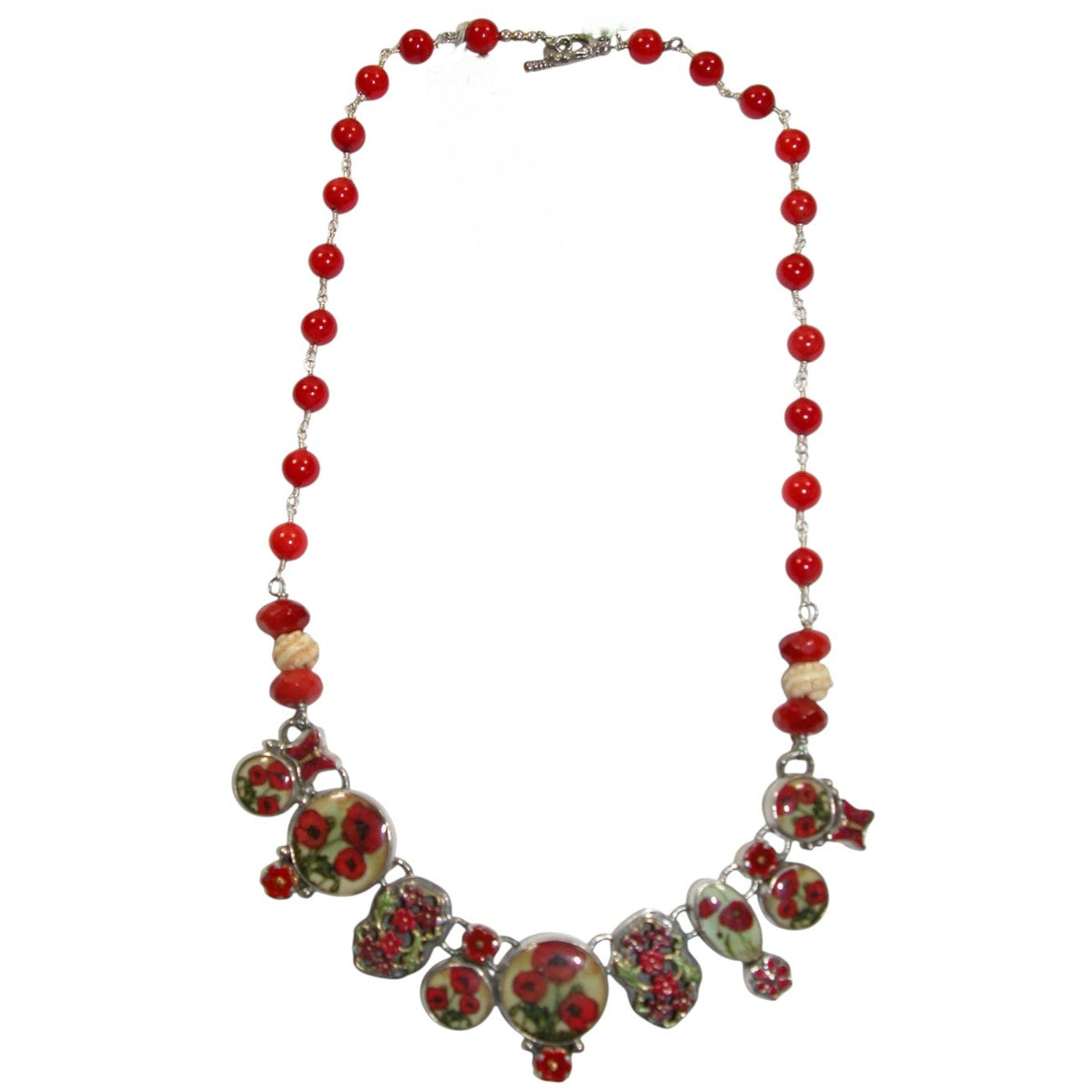 30987 Coral, Carved Bone, Hand Enameled Poppy, Sterling Silver Necklace
