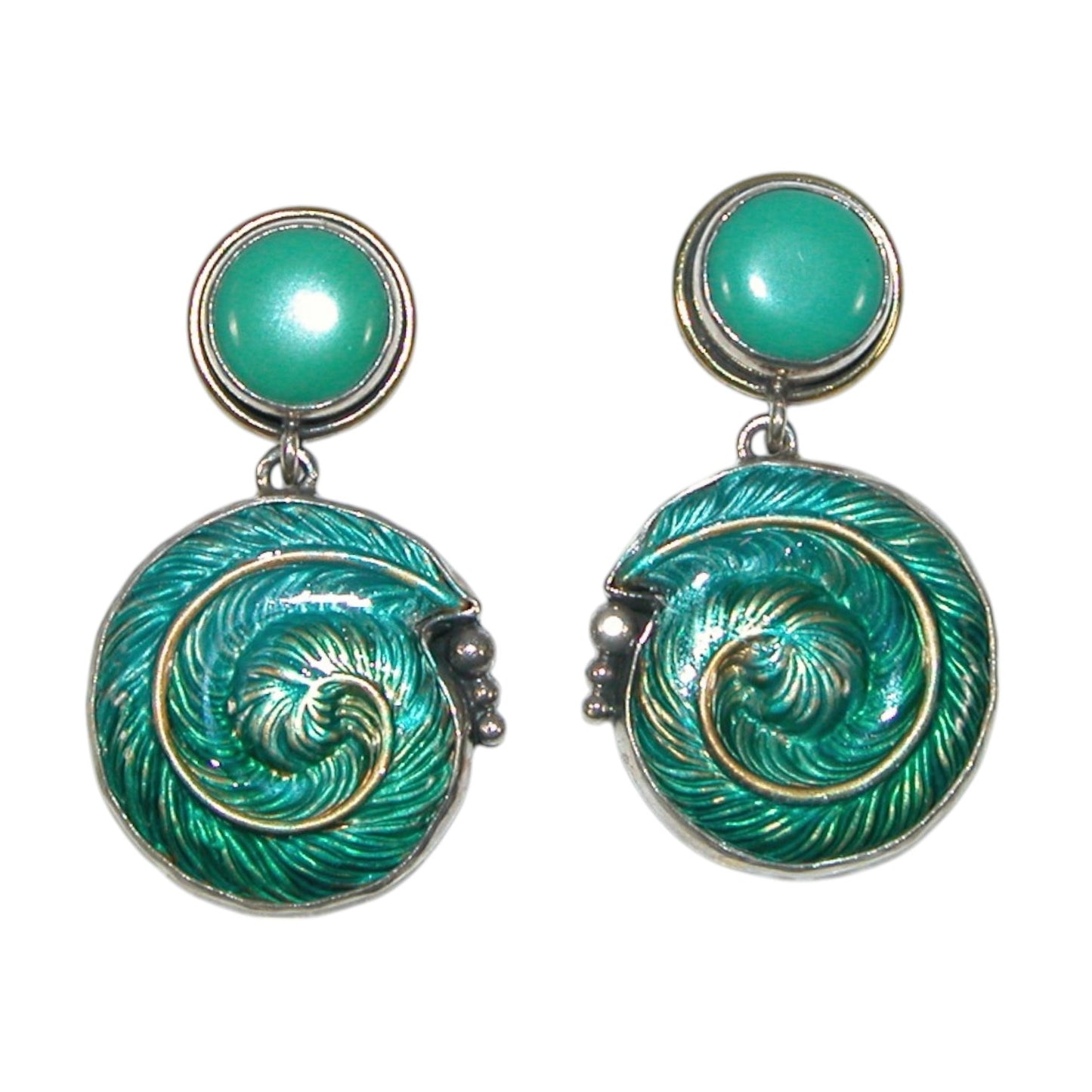 31621E Turquoise Enamel Feather Swirl Sterling Silver Earrings