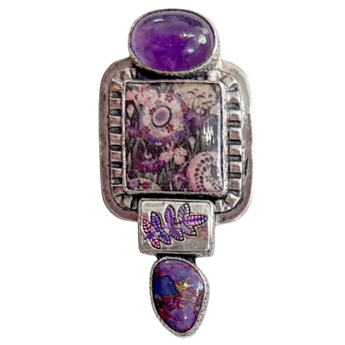 31006 Amethyst, Turquoise, Handmade Tile Sterling Silver Pin and Pendant