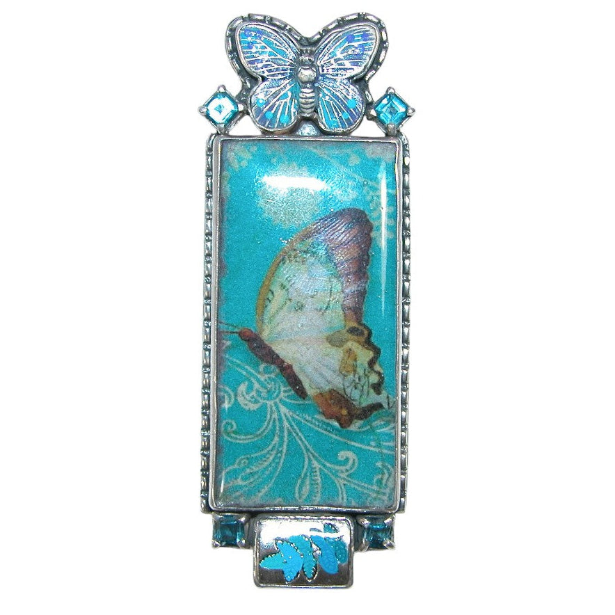 31015 Hand Made Tile, Hand Enameled Butterfly, Blue Topaz Sterling Silver Pin Pendant