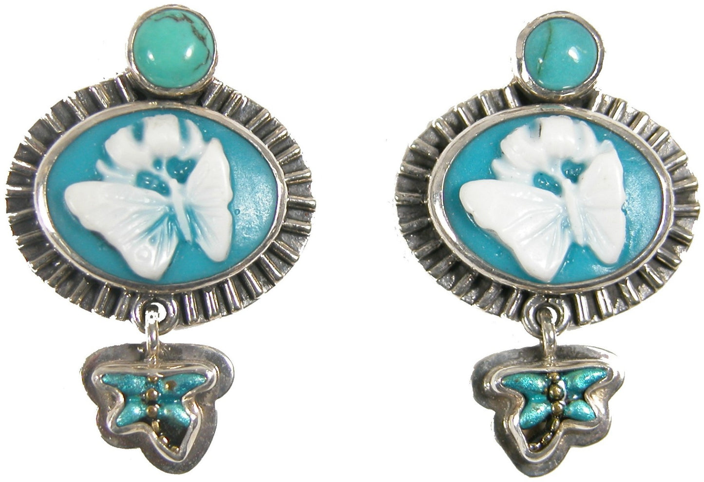 31022 Turquoise Hand-Painted Enamel and Cameo on Sterling Silver Earring
