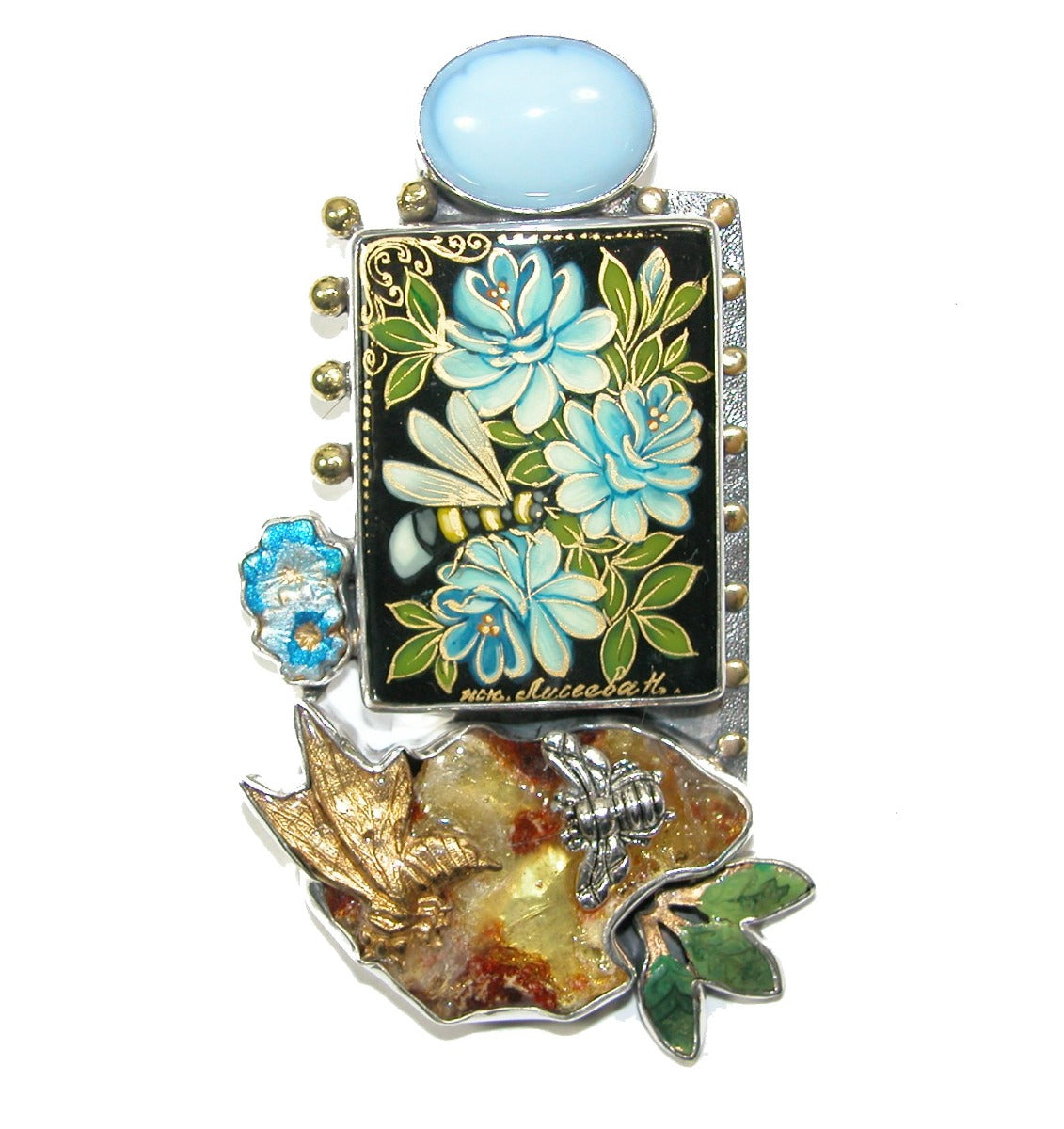Hand Painted Miniature on Black Onyx with Amber on Sterling Silver Pin Pendant