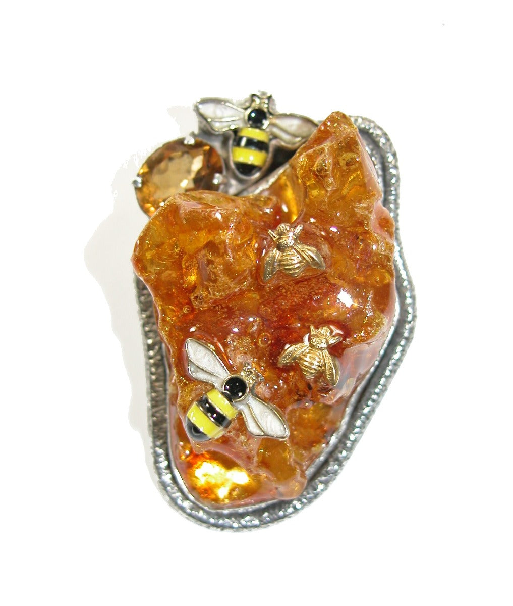 Amber and Citrine Sterling Silver Pin Pendant
