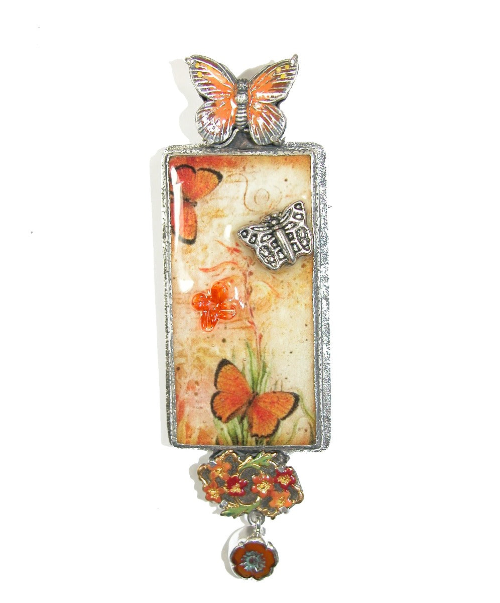 Handmade Butterfly Tile and Enamel on Sterling Silver Pin Pendant