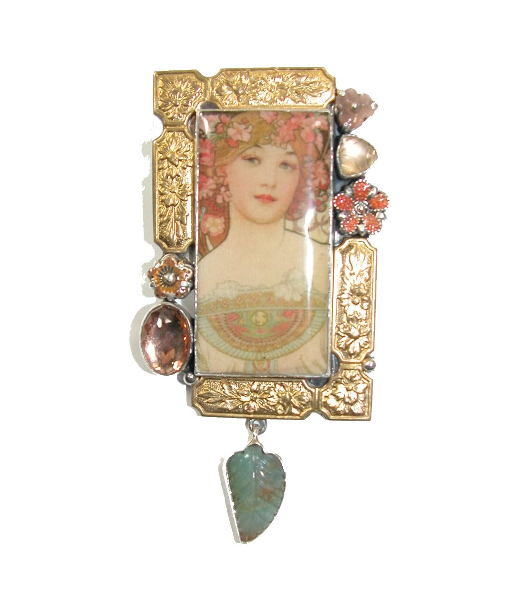 Handmade Lady Tile with carved Peruvian Opal Leaf on Sterling Silver Pin and Pendant