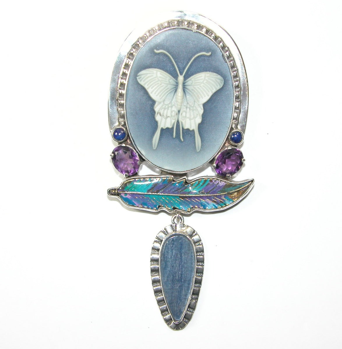 Butterfly Cameo and Kyanite and Amethyst on Sterling Silver Pin Pendant