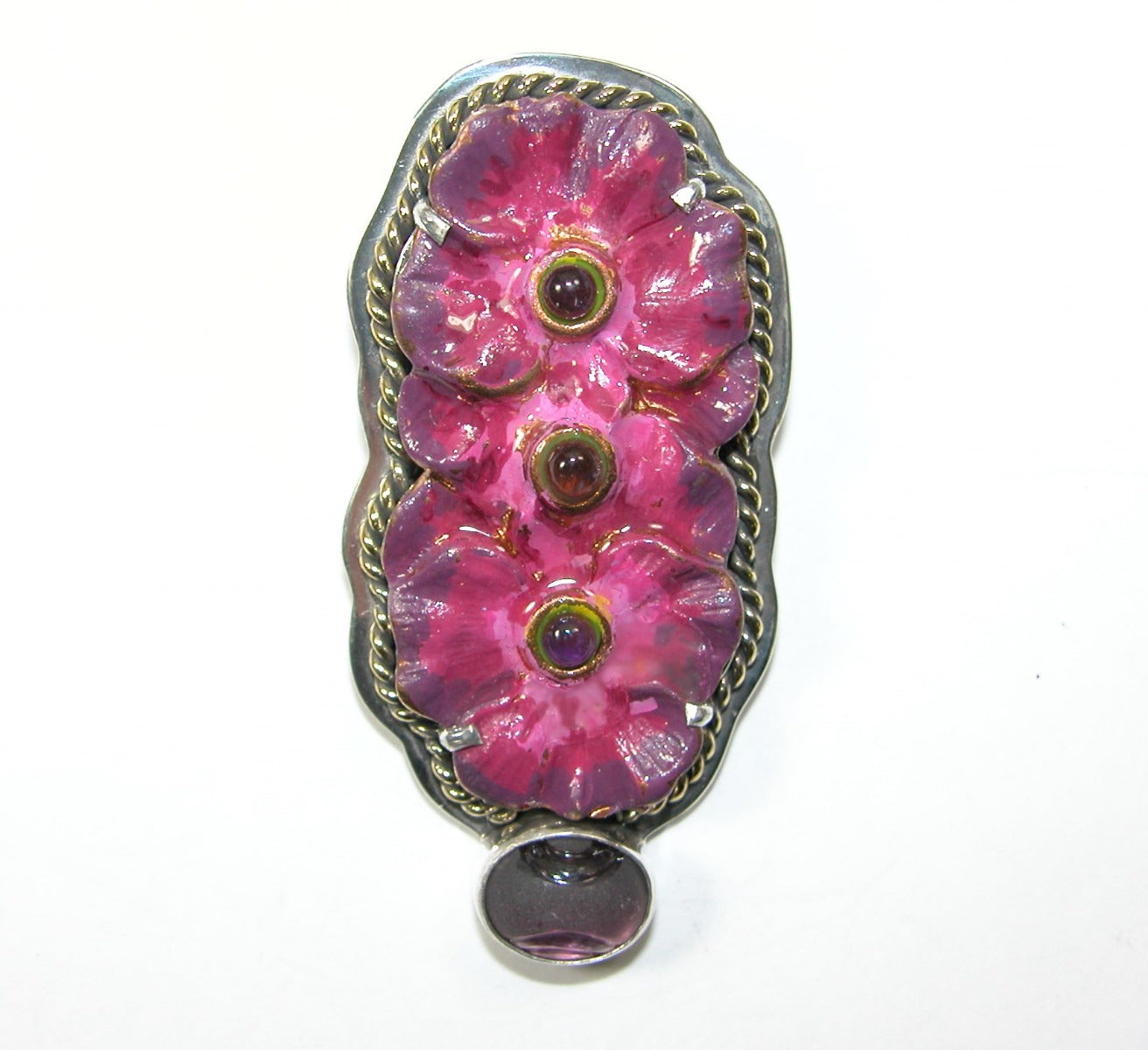 Hand-Painted Enamel Flower and Amethyst on Sterling Silver Pin Pendant