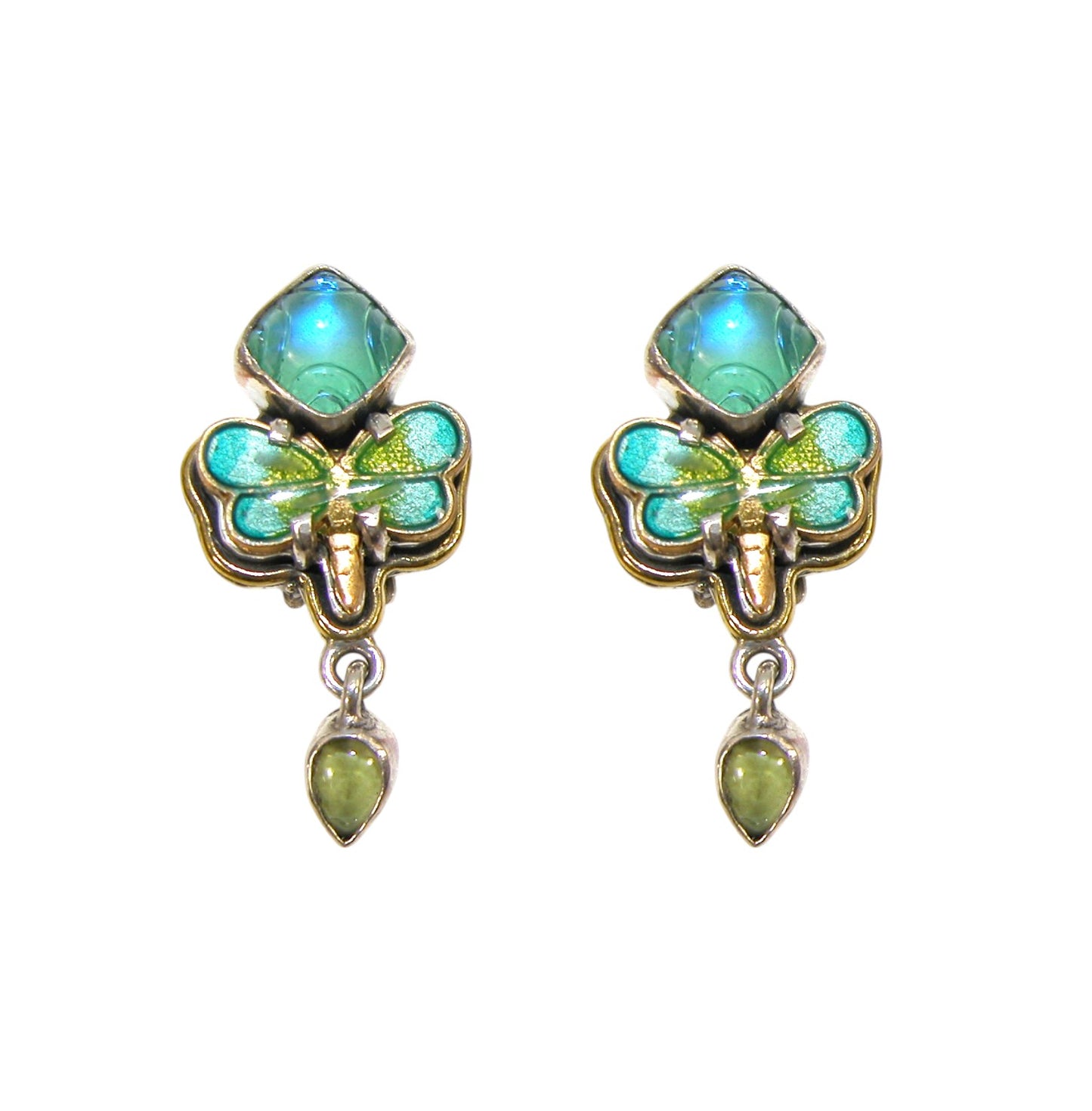 33103A Celestial Quartz, Peridot, Hand Enameling Dragonfly Sterling Silver Earrings