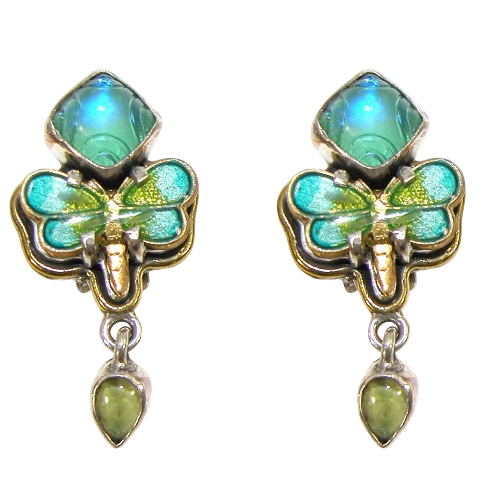 33103A Celestial Quartz, Peridot, Hand Enameling Dragonfly Sterling Silver Earrings