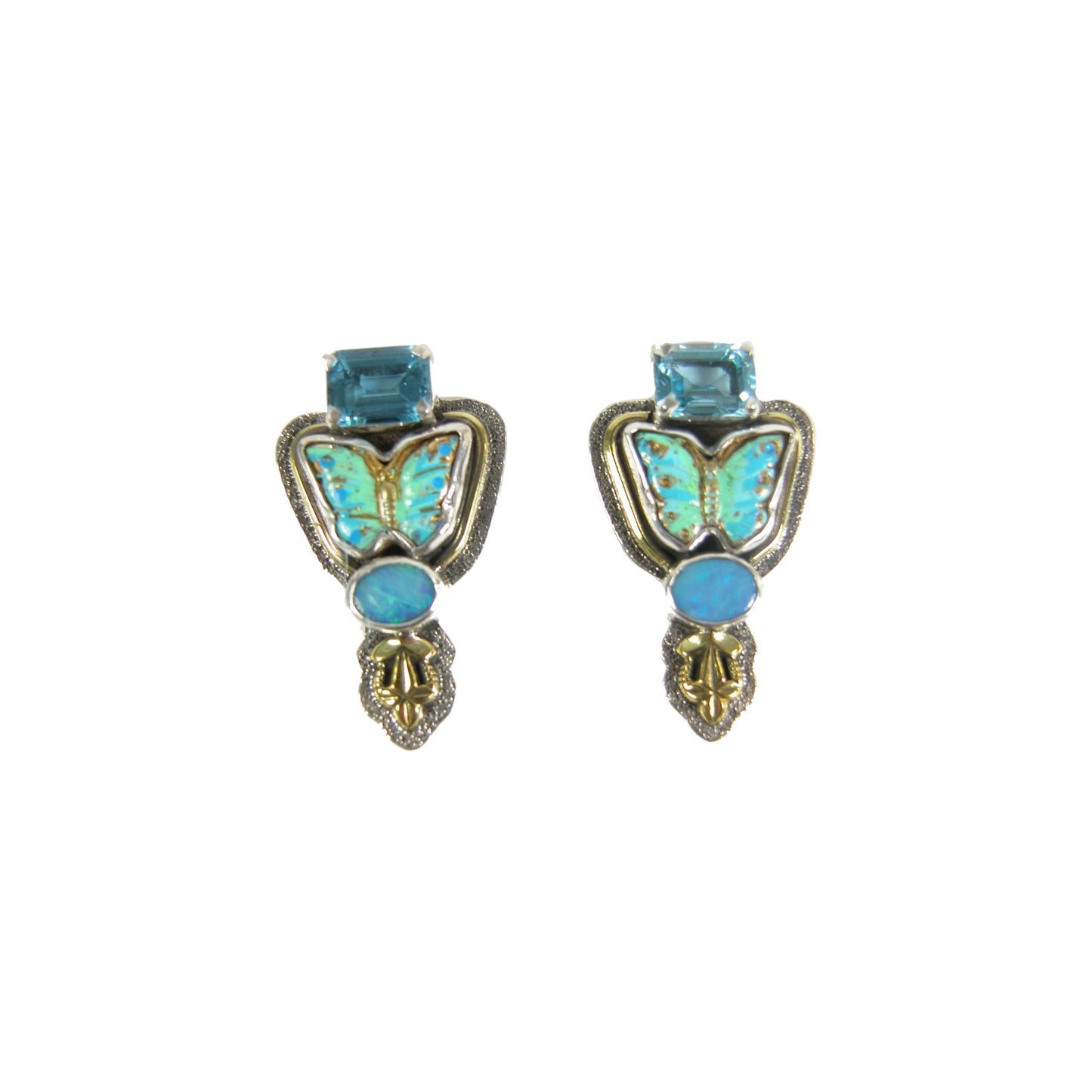 31103 Opal, Blue Topaz Enameled Butterfly Sterling Silver Earrings