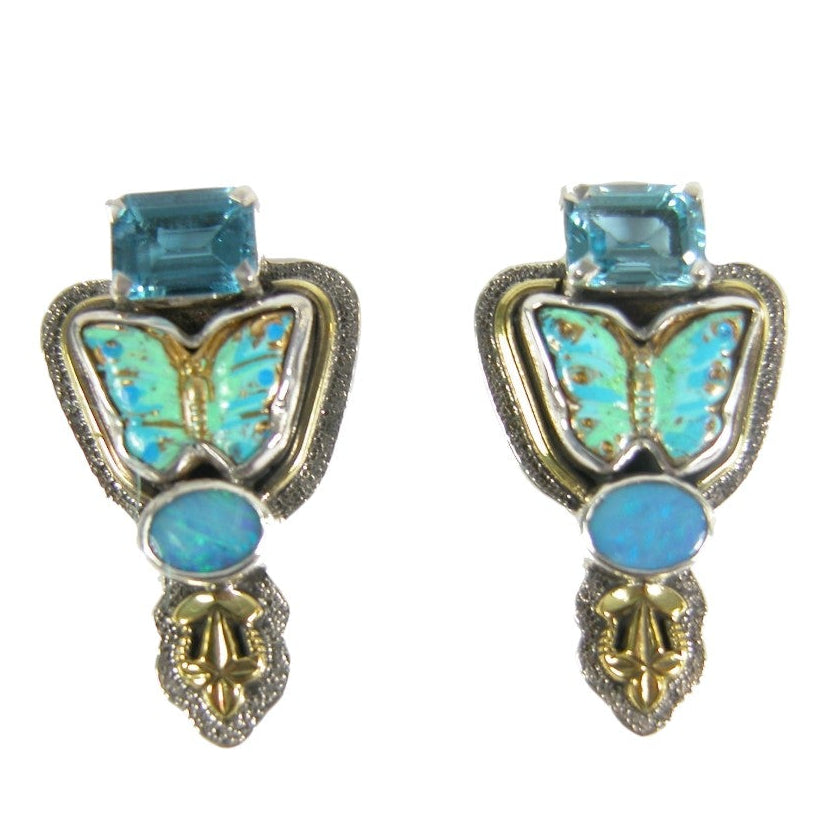 31103 Opal, Blue Topaz Enameled Butterfly Sterling Silver Earrings
