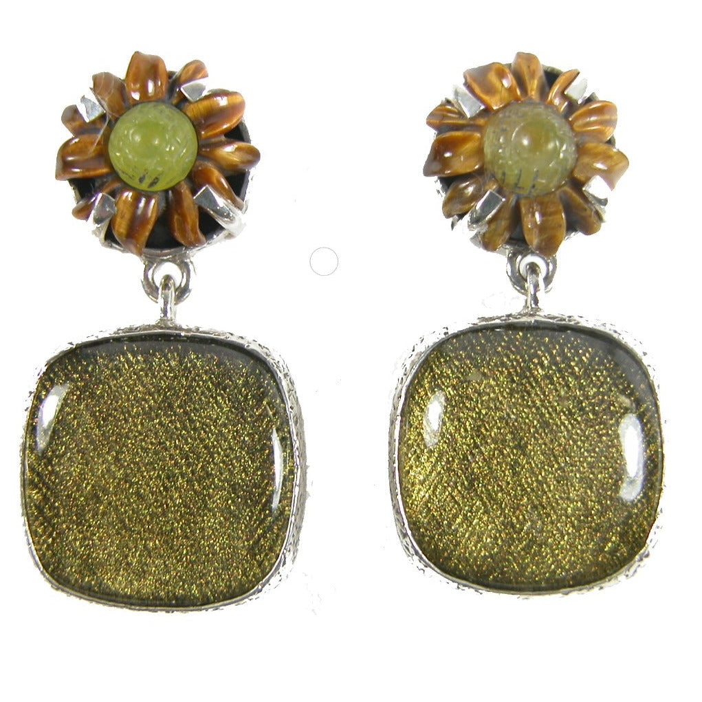 31107 Tiger's Eye, Serpentine Jade and Tapestry under Quartz Sterling Silver Earring