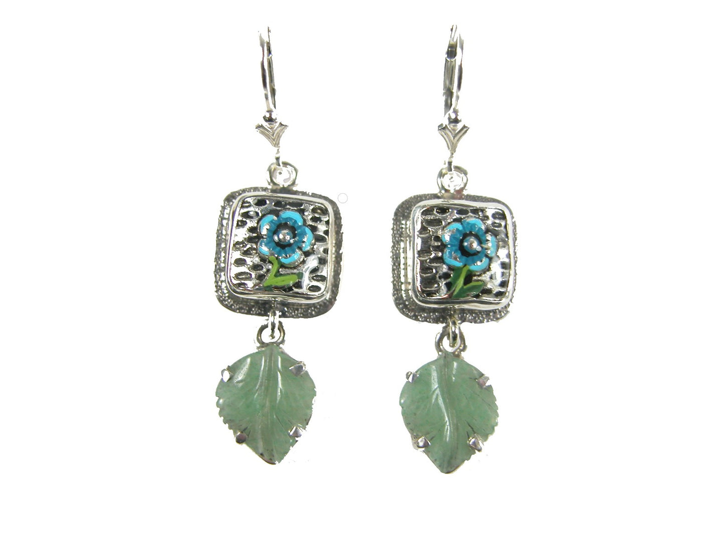 31112 Green Aventurine and Hand Painted Enamel Sterling Silver Earring