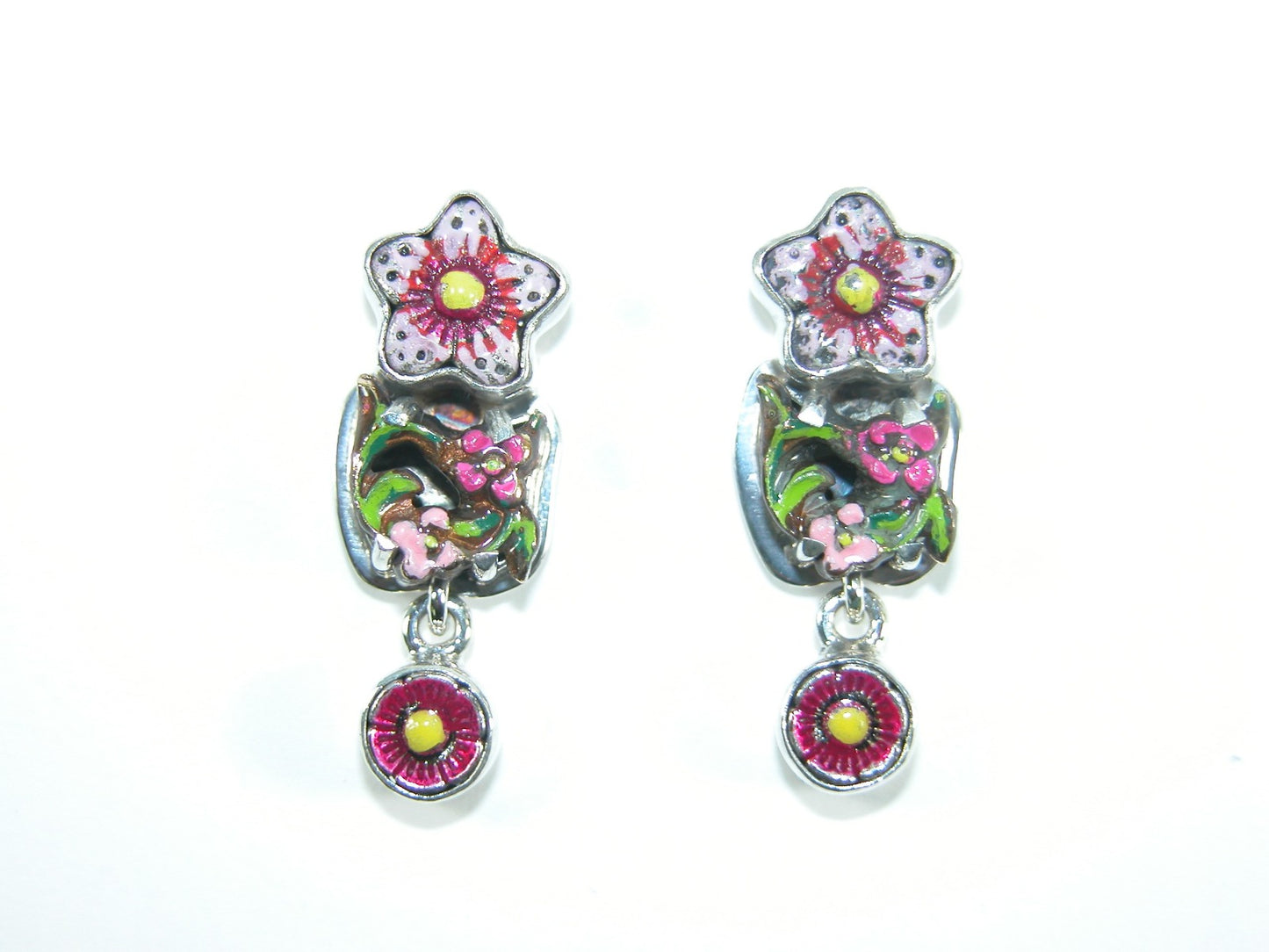 Hand-Painted Enamel Flower Earring on Sterling Silver