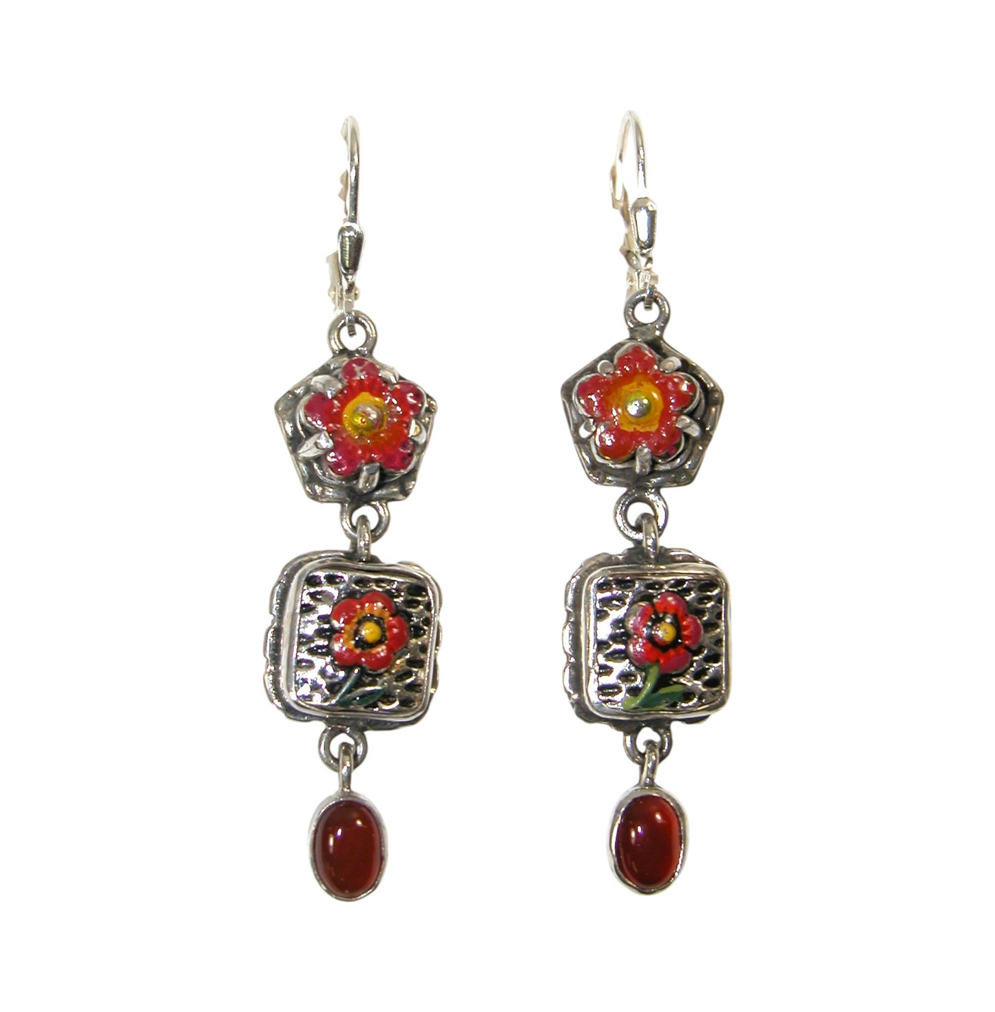 31114L Carnelian, Hand Painted Enamel, Sterling Silver Earrings