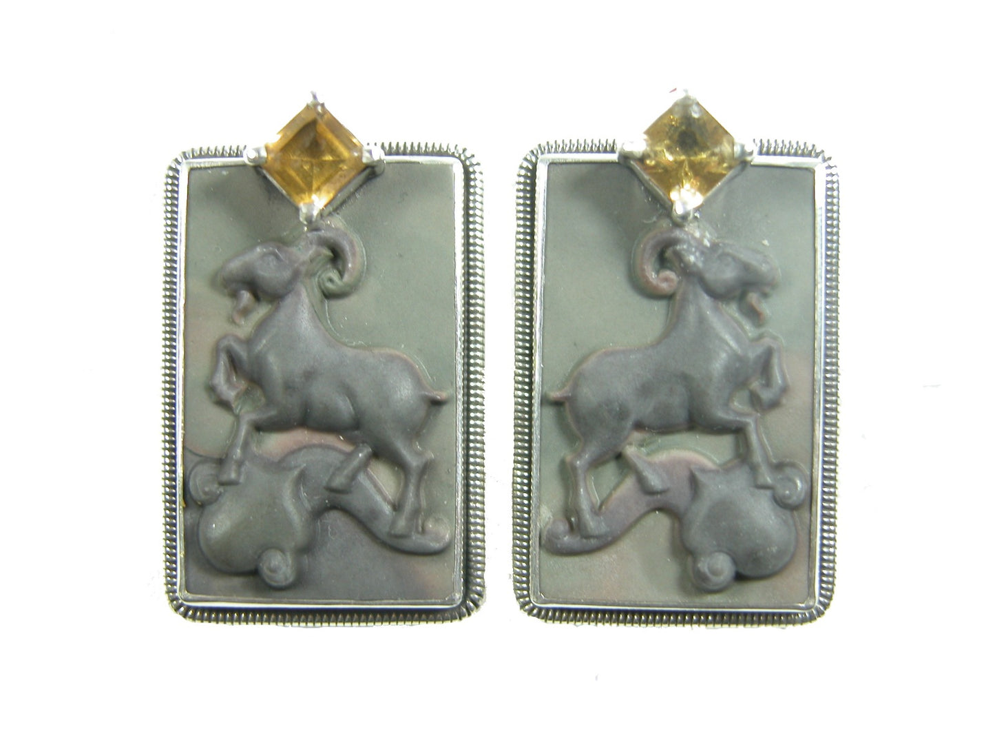 Hand Carved Jade and Citrine Earring Sterling Silver