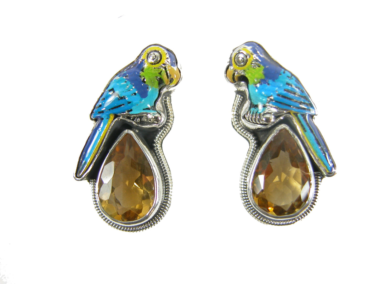 Hand Enameled Parrots over Citrine with Sterling Silver Earrings