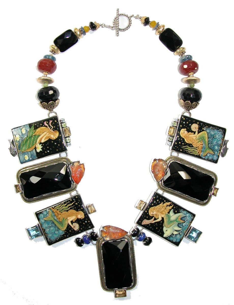 Hand Painted Mermaid Miniature Onyx Topaz Sterling Silver Necklace