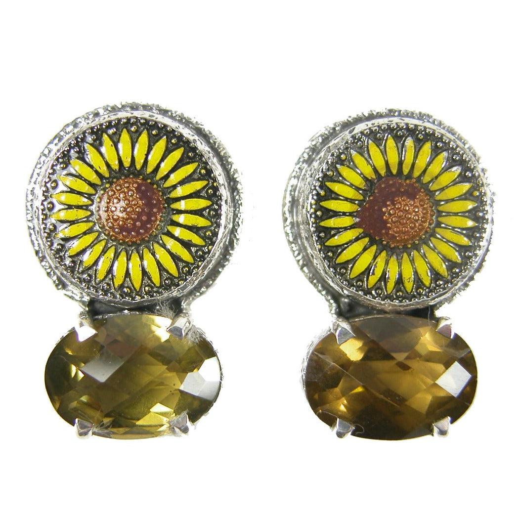 31149 Hand Enamel Sunflower with Whisky Quartz on Sterling Silver Earring