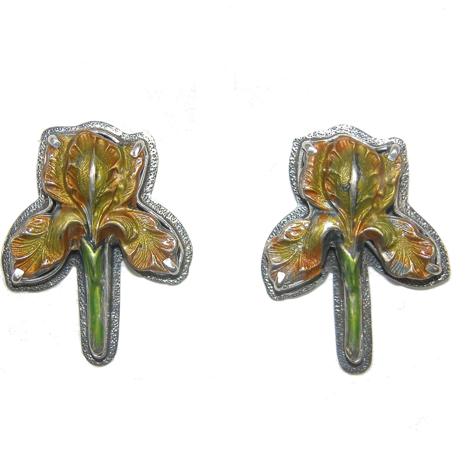 31173E Yellow Enamel Iris Flower Sterling Silver Earrings