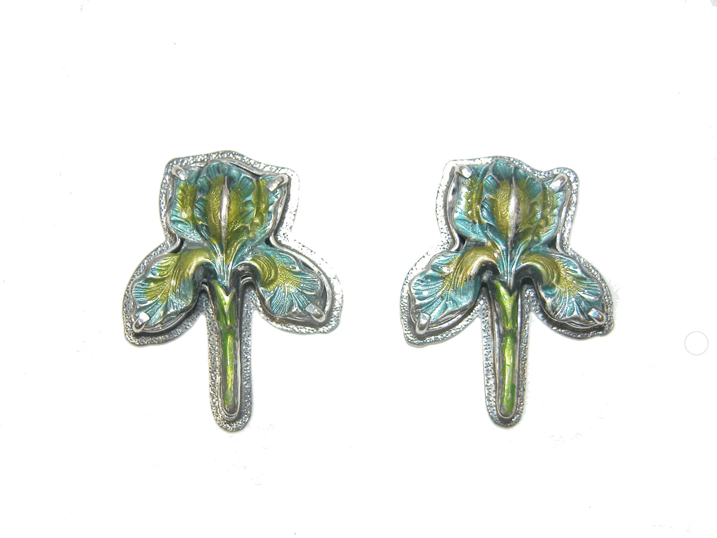 31173G Yellow Blue Enamel Iris Flower Sterling Silver Earrings