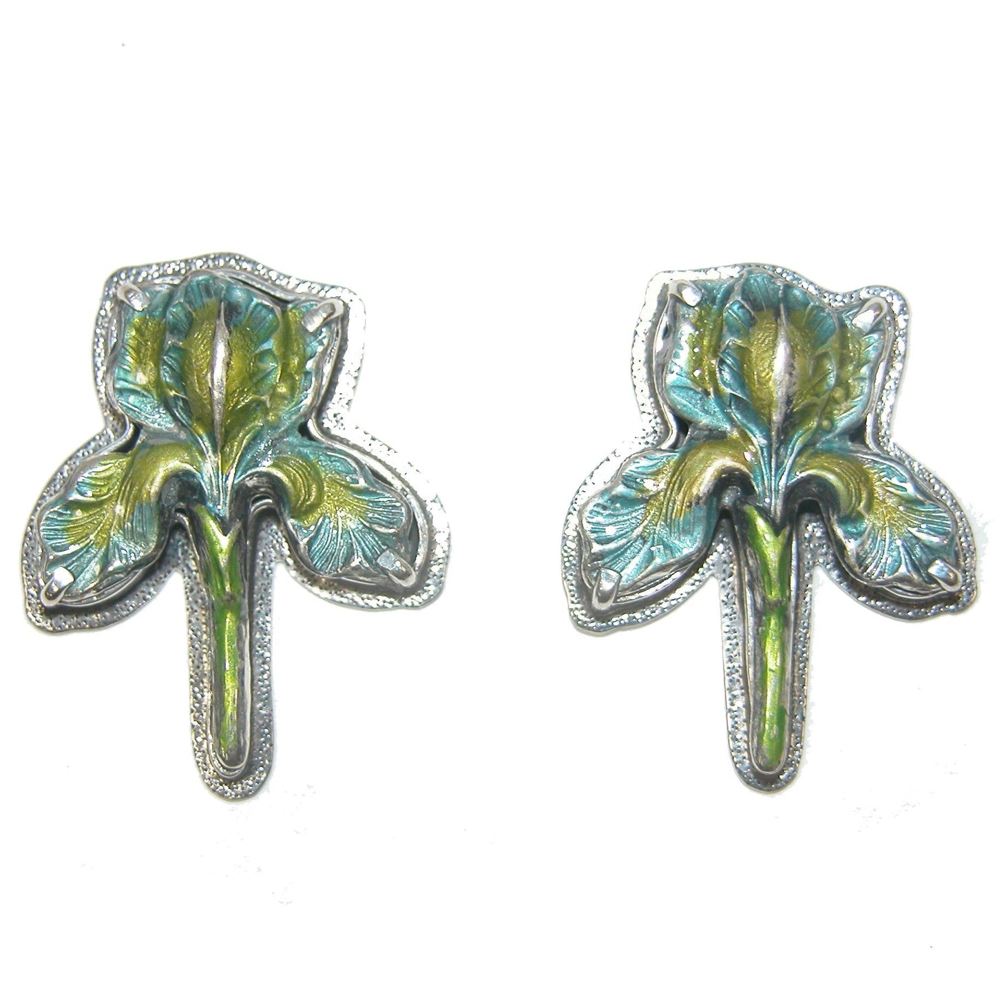 31173G Yellow Blue Enamel Iris Flower Sterling Silver Earrings