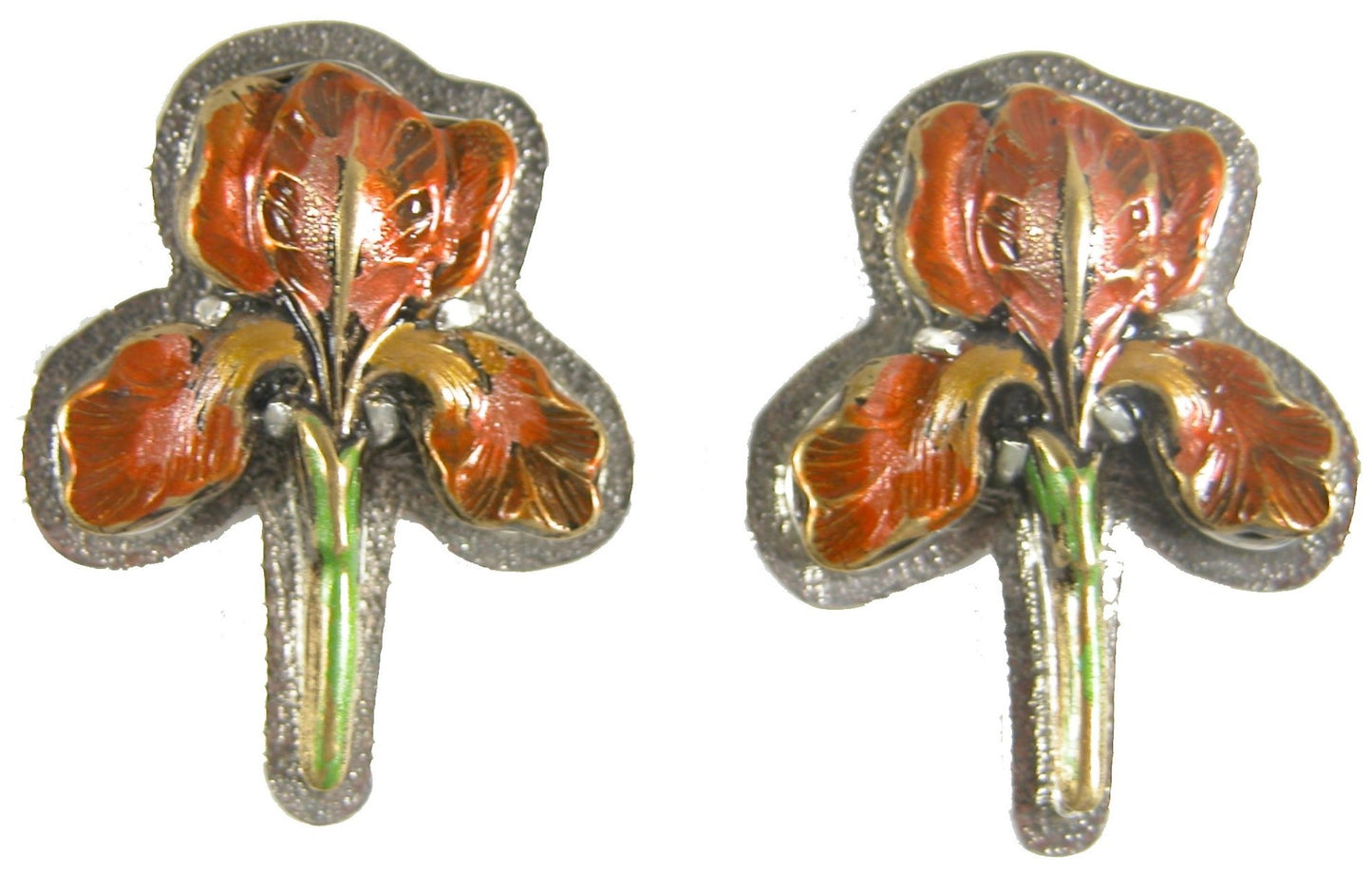 31173A Hand Painted Peach Enamel Iris Sterling Siver Earring