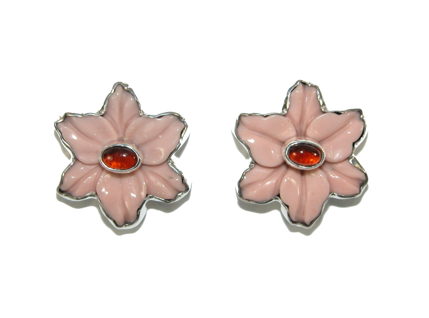 31179 Peach Calcite Flower, Hessonite. Sterling Silver Earrings