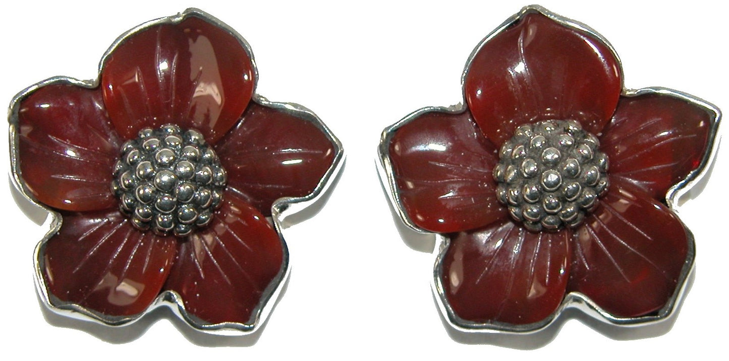 Hand Carved Carnelian Flower Sterling Silver Earring