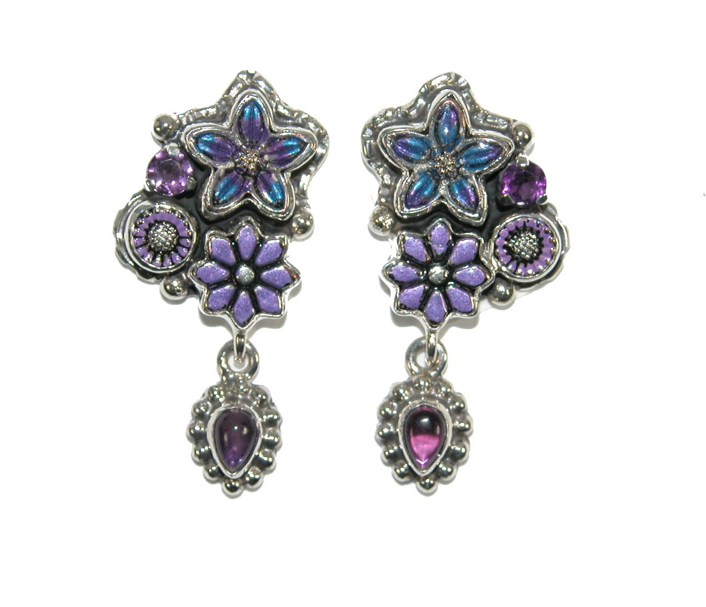 Purple Hand Painted Flower Amethyst Sterling Silver Earring